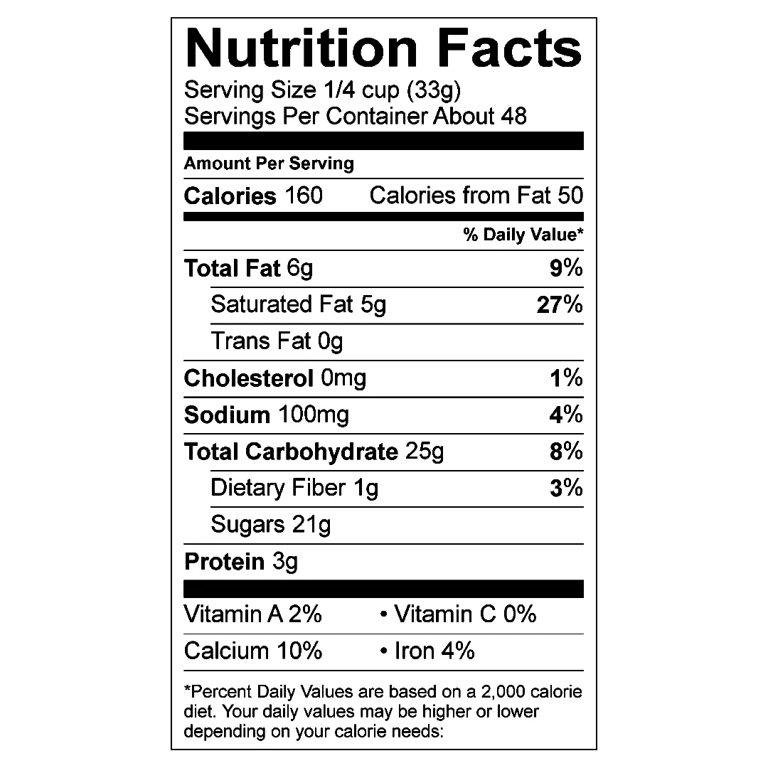 Nutrition Facts panel for Stirling Chocolate (without Espresso)